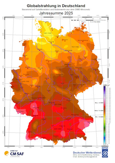 Karte der Globalstrahlung in Deutschland 2025 – Jahressumme der Sonneneinstrahlung nach DWD