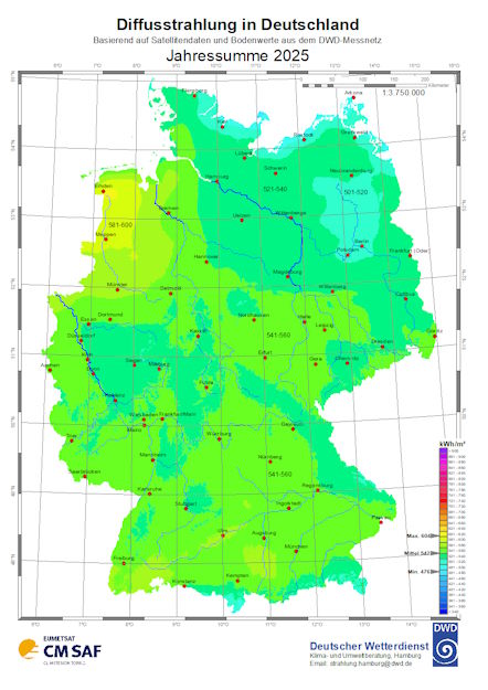 Karte der diffusen Strahlung in Deutschland im Jahr 2025 – Daten des Deutschen Wetterdienstes zeigen regionale Unterschiede von Nord nach Süd